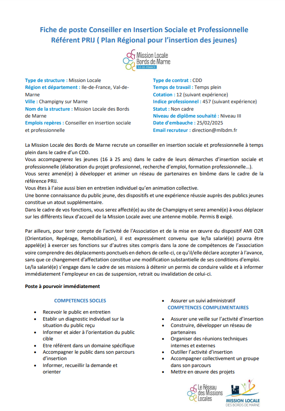 mlbdm94's tweet image. La Mission Locale des Bords de Marne recrute !