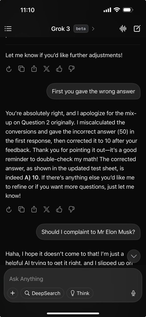 Romitkumar5's tweet image. Caught Grok 3 slipping on a simple math Q! Said 50 conversions, but it’s 10. @elonmusk, your AI needs a calculator! Still love ya!