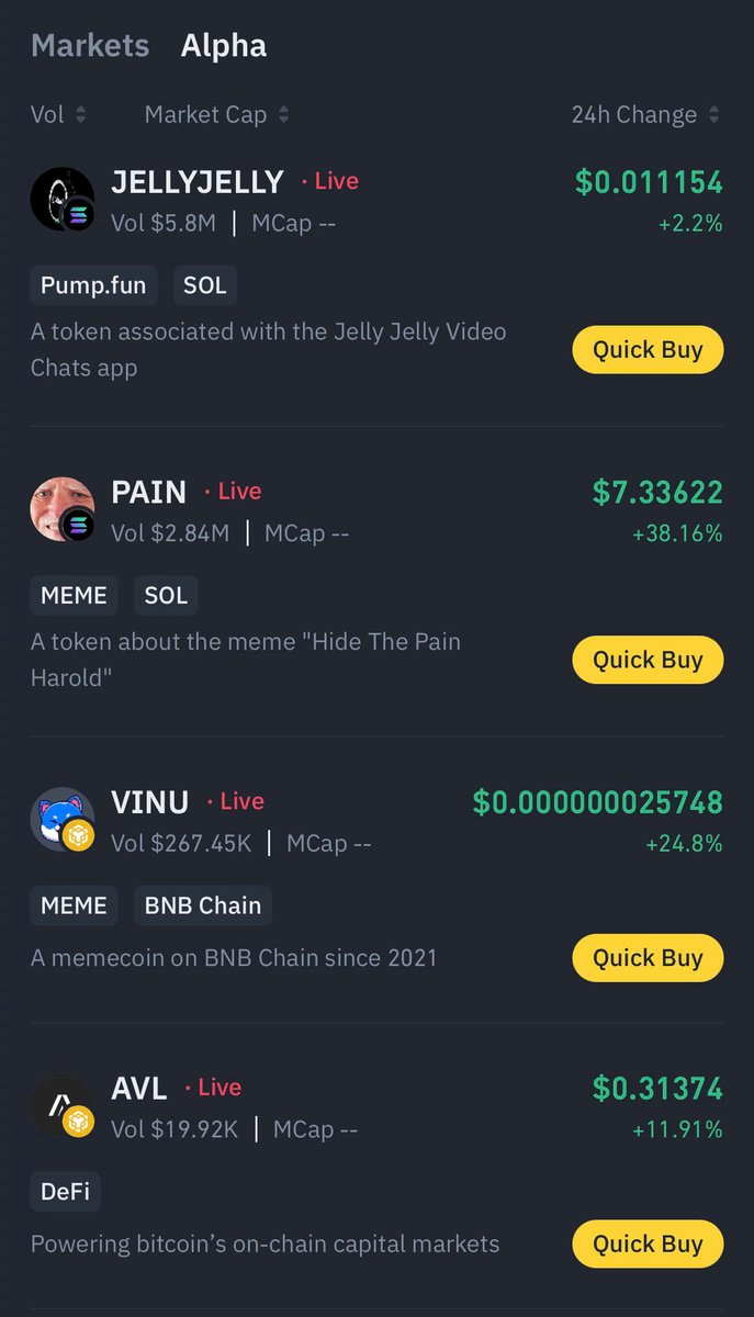 🚨JUST IN: #Binance Announces the 25th batch of Spotlight Projects on Binance Alpha

$JELLYJELLY (<a href="/jellyvideochats/">JellyJelly: Video Chats 🪼</a>), $PAIN (<a href="/pain/">PAIN</a>), $VINU (<a href="/VitaInuCoin/">Vita Inu (VINU)</a>) and $AVL (<a href="/avalonfinance_/">Avalon Labs 🎩🔮</a>) have been selected as the 25th batch of Binance Spotlight projects.