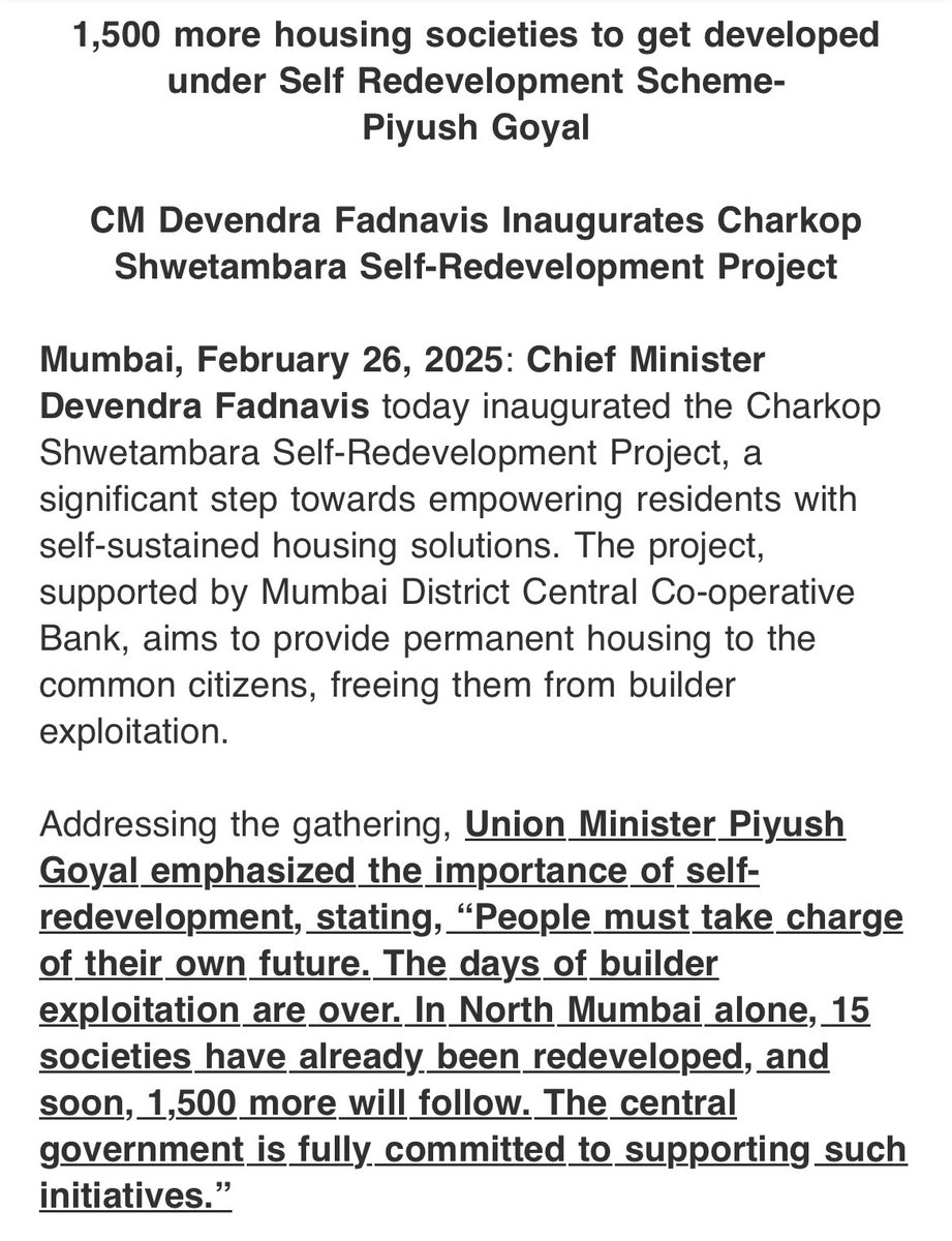 VishalBhargava5's tweet photo. Positive Development. Maharashtra CM Devendra Fadnavis inaugurates Self-Redevelopment project. 
Union Minister @PiyushGoyal says “the days of Builder exploitation are over.”
Self-Redevelopment has to be incentivised. One big step should be one-window bureaucracy for approvals. https://t.co/zEmok2Xr1j