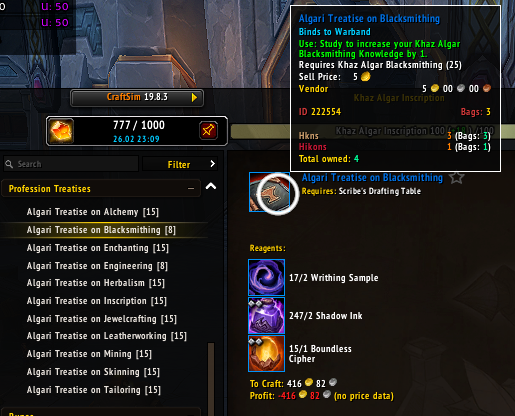 hikons's tweet photo. They changed Treatises to 'Binds to Warband' so you can craft a bunch and mail them to alts instead of having to do a bunch of work orders. 🙏 https://t.co/h1Dbi9USLP
