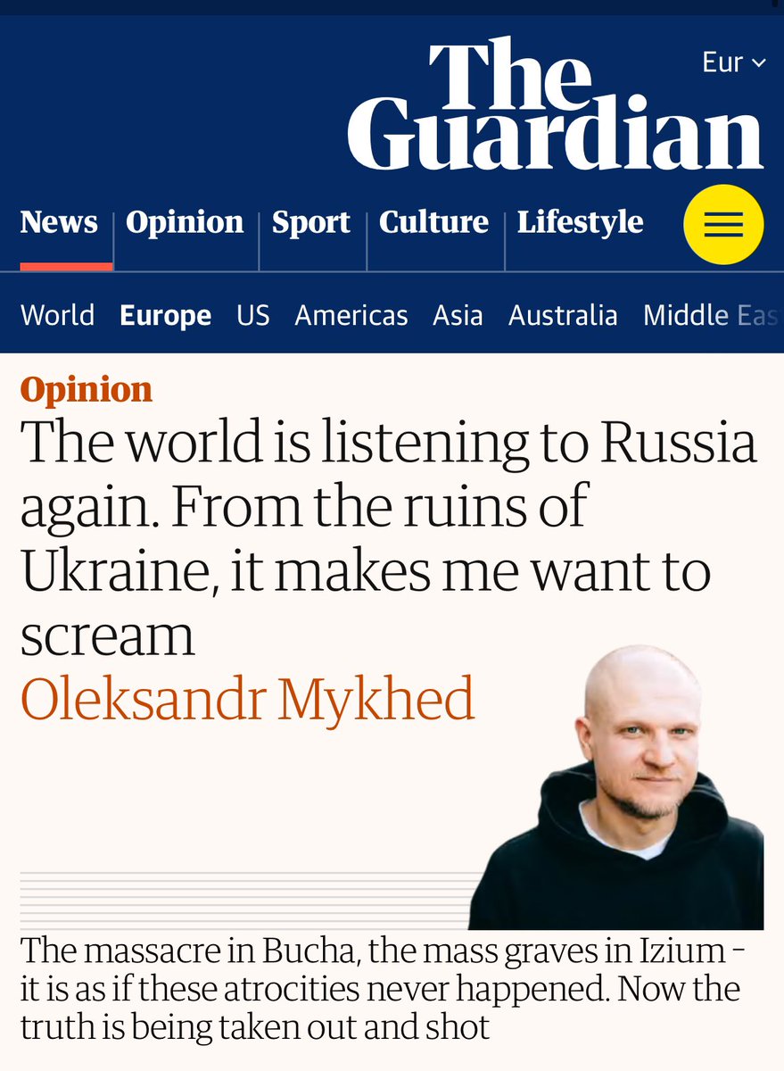 Oleksandr Mykhed (@mykhed_o) on Twitter photo My essay for the Guardian. 
‘The world is looking at the body of truth that is dying and bleeding before our eyes. I beg you, if you can’t stop the bleeding, at least don’t turn away from the sight of blood’.
theguardian.com/commentisfree/… My essay for the Guardian. 
‘The world is looking at the body of truth that is dying and bleeding before our eyes. I beg you, if you can’t stop the bleeding, at least don’t turn away from the sight of blood’.
theguardian.com/commentisfree/…