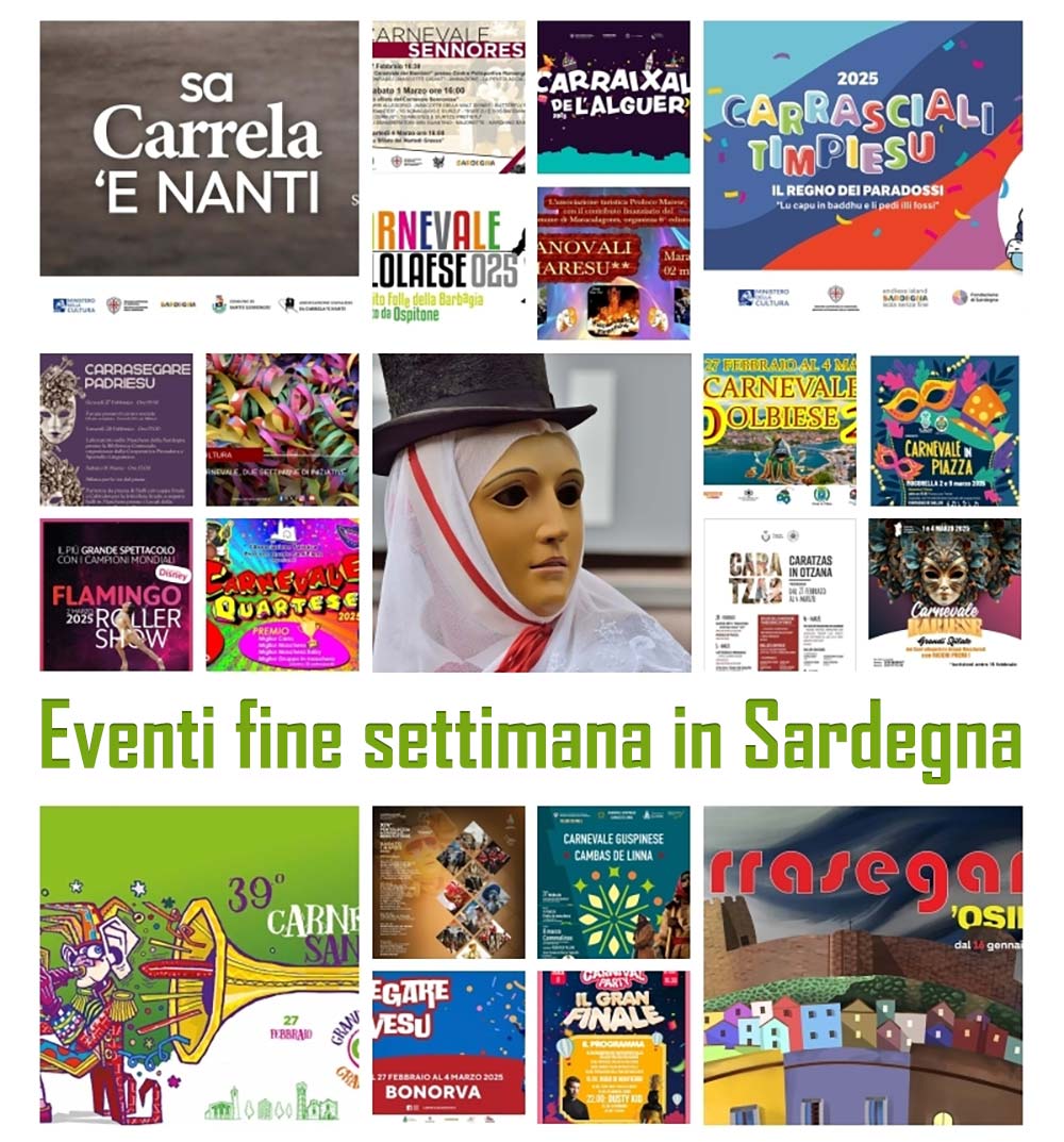🎭 Carnevale in Sardegna
 Scopri gli eventi del Carnevale in Sardegna! Sfilate, maschere tradizionali e spettacoli dal 27 febbraio al 9 marzo in tutta l’isola.
.
bit.ly/week925