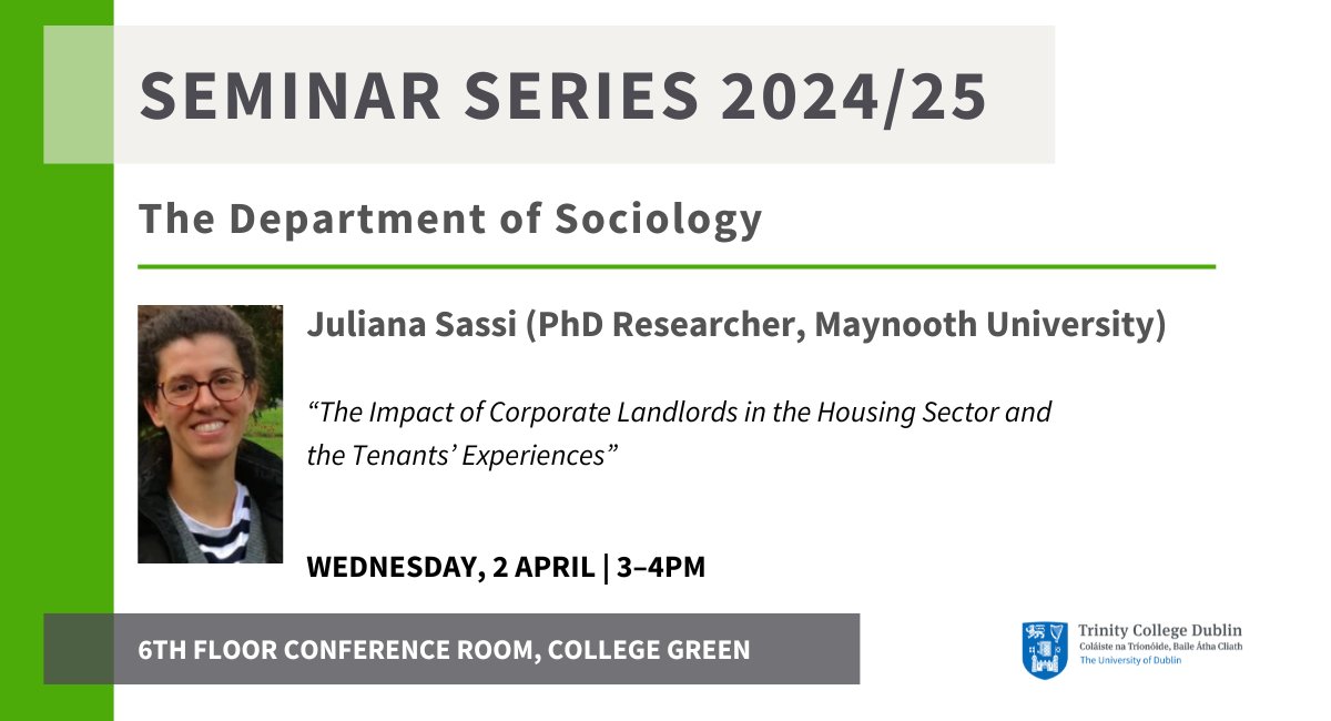 TCDsociology's tweet image. ✏️Sociology Seminar Series - 2nd April

We look forward to welcoming Juliana Sassi (@MaynoothUni) to our seminar series next week! 👏

@TCD_SSP