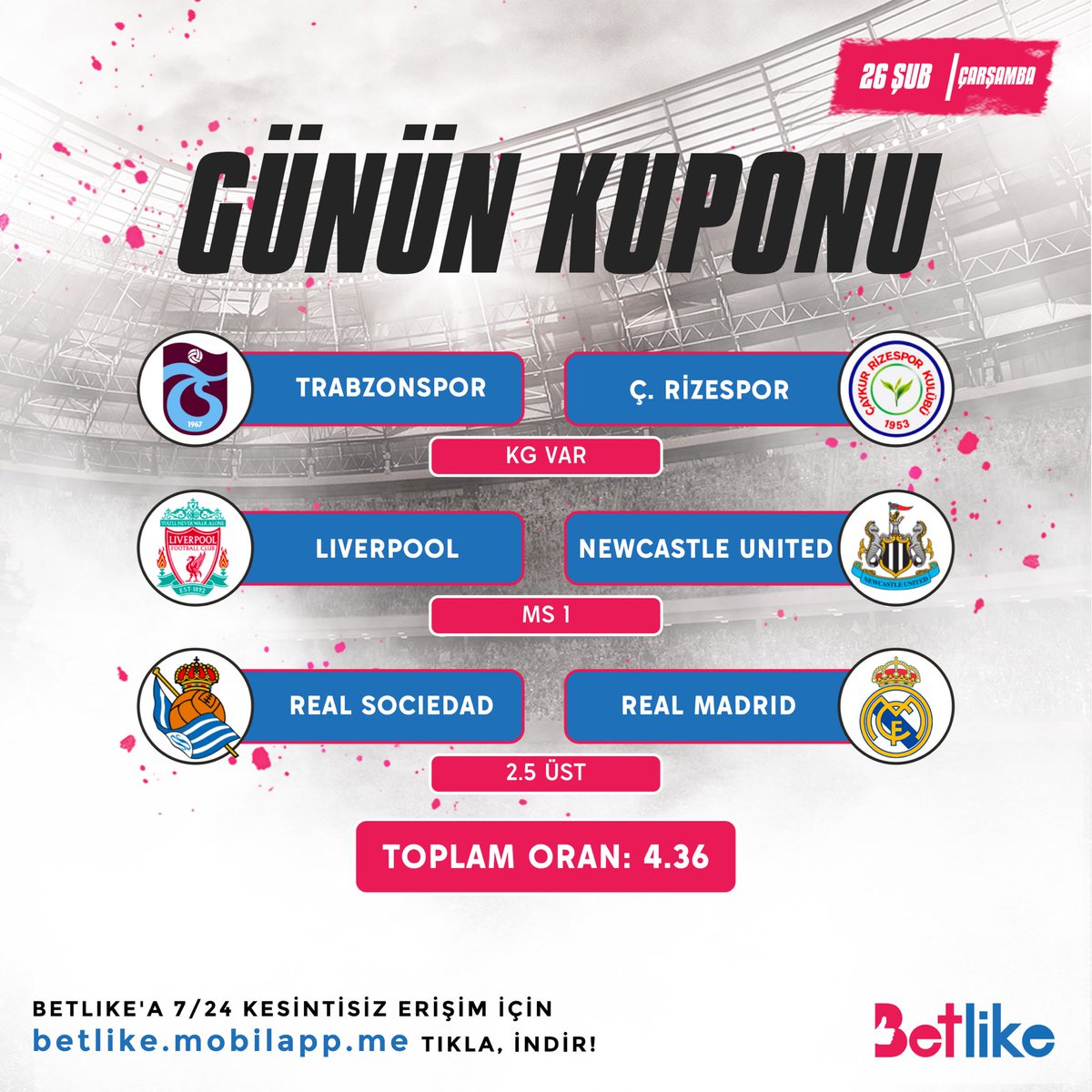 betlike4's tweet photo. Betlike Günün Kuponu Toplam Oran: 4.36
📢Anlık bonus ve duyurular için;  https://t.co/6ienWPfEx4 https://t.co/EOfwgAaZIL