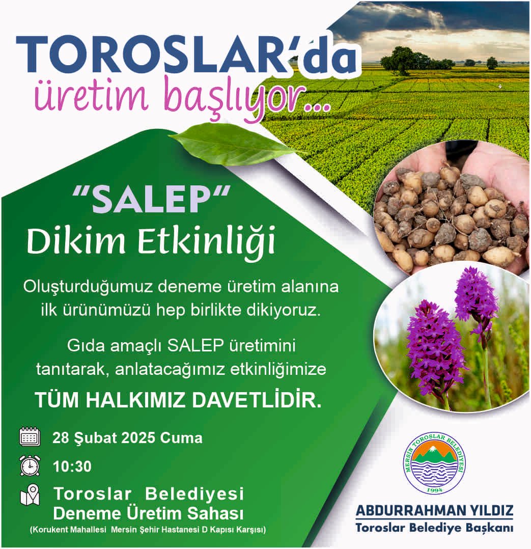 Toroslar'ın bereketli topraklarını mucize bitki saleple buluşturuyoruz. 
Gıda amaçlı salep üretimiyle çiftçimiz kazanacak, Toroslar kazanacak. 
28 Şubat Cuma günü Deneme Üretim Sahamızda düzenleyeceğimiz salep dikim etkinliğine tüm halkımızı bekliyoruz.