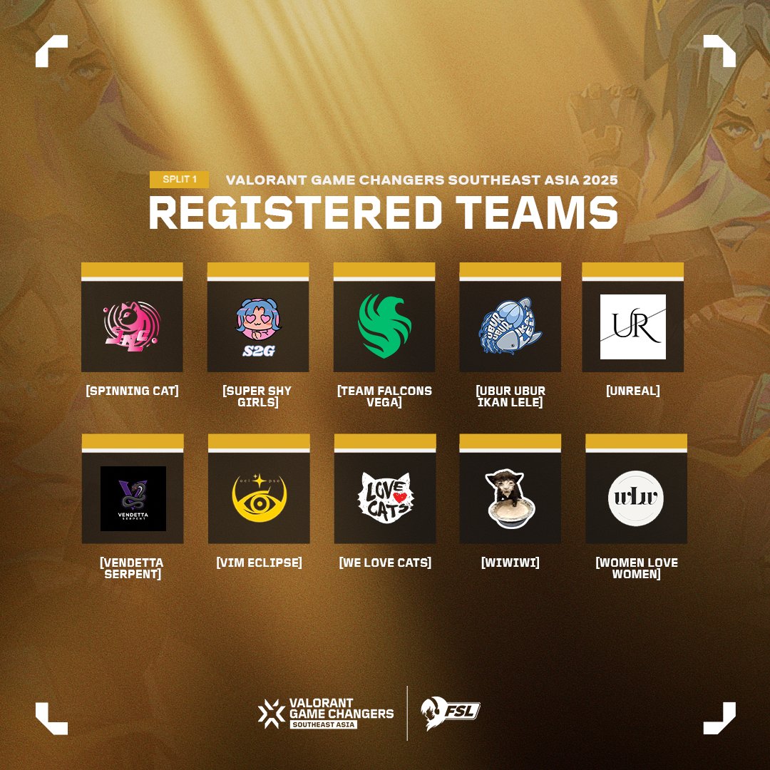 Meet the contenders. 🎮

We're thrilled to announce the registered teams for Split 1 of #GameChangers Southeast Asia 2025! These amazing squads are set to battle it out for glory, and the competition is fierce.

#GameChangersSEA2025