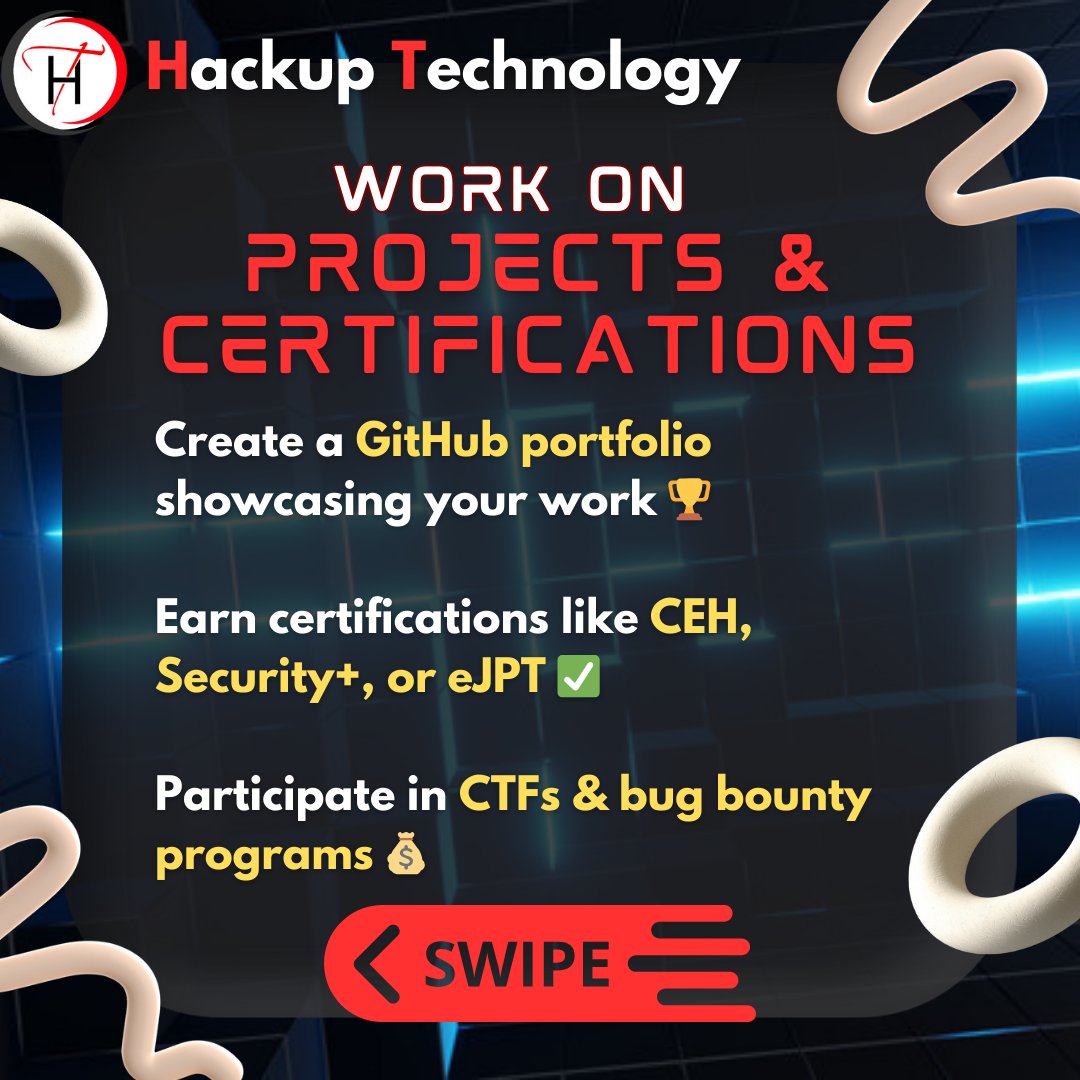HackupTech's tweet image. 🚀 How to Land a Cybersecurity Internship! 🔒
#CybersecurityJobs #CTF #HackerLife #InfoSec #Pentesting #TryHackMe #HackTheBox #CyberSec #LearnCyberSecurity #TechCareers #CyberSecurityExperts