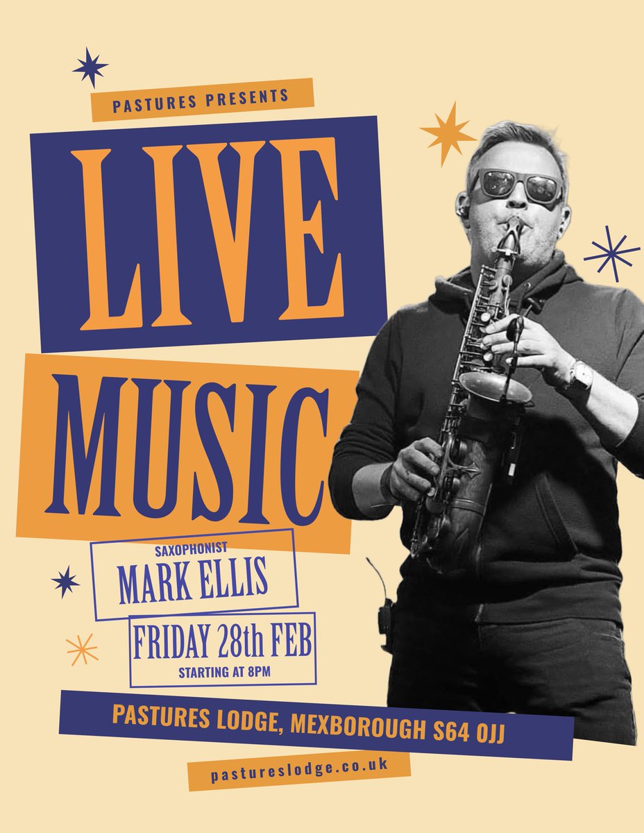 ✨ THIS FRIDAY ✨

FREE live entertainment from Saxophonist Mark Ellis joining us in the main bar area, performing hits from 8pm onwards 🎷 

Call or reserve a table online now 
📞 01709 579599
🔗 linktr.ee/PasturesLodge