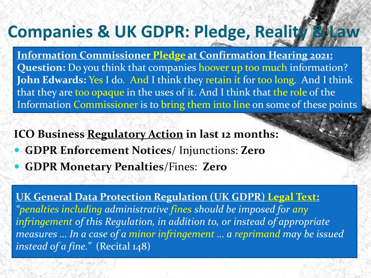 .@iconews issued 0 fines &amp; 0 enforcement notices against companies under UK #GDPR for entire year. Yet law says it should fine unless infringement "minor" &amp; Commissioner told Parliament companies were hoovering up &amp; retaining too much &amp; it was his role to "bring them into line".