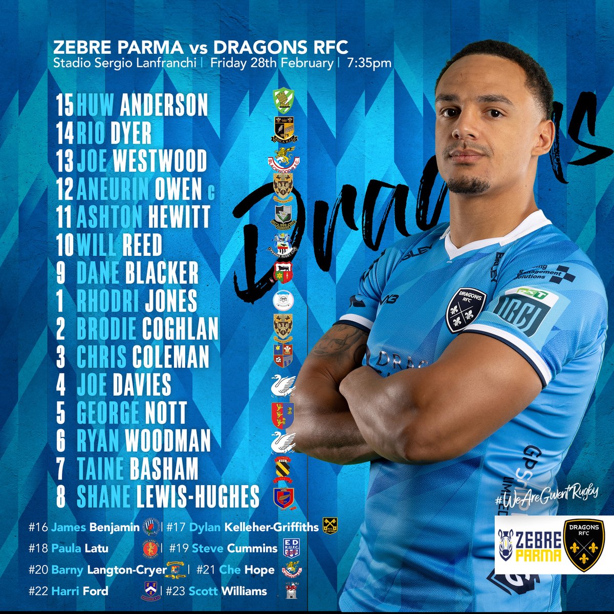💥 𝗧𝗘𝗔𝗠 | Here is your 🐉 line-up for the <a href="/URCOfficial/">BKT United Rugby Championship (URC)</a> fixture with <a href="/ZebreParma/">Zebre Parma 🦓</a> on Friday night for our away leg of #OriginRound 👏

🚀 Ashton is 🔙
👊 Basham &amp; Westwood start💥
🧊 Ford set for debut from bench 👏

#WeAreGwentRugby