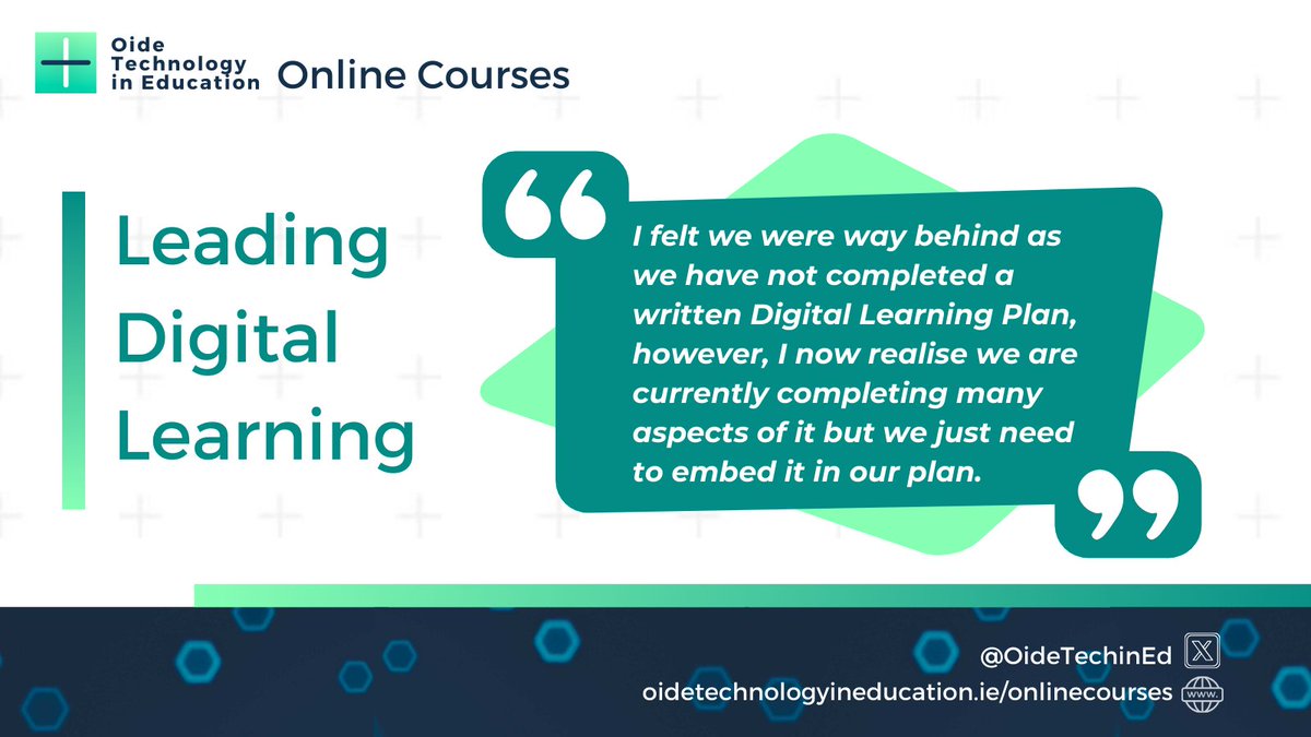 If you aspire to school #leadership or are in a leadership role, ‘Leading Digital Learning’ is an essential course for you. It signposts all the key information for digital learning leaders. 

Enrol: bit.ly/LdigL 

#ICTonlinecourses @Oide_Ireland <a href="/Oide_Leadership/">Oide Leadership</a>
