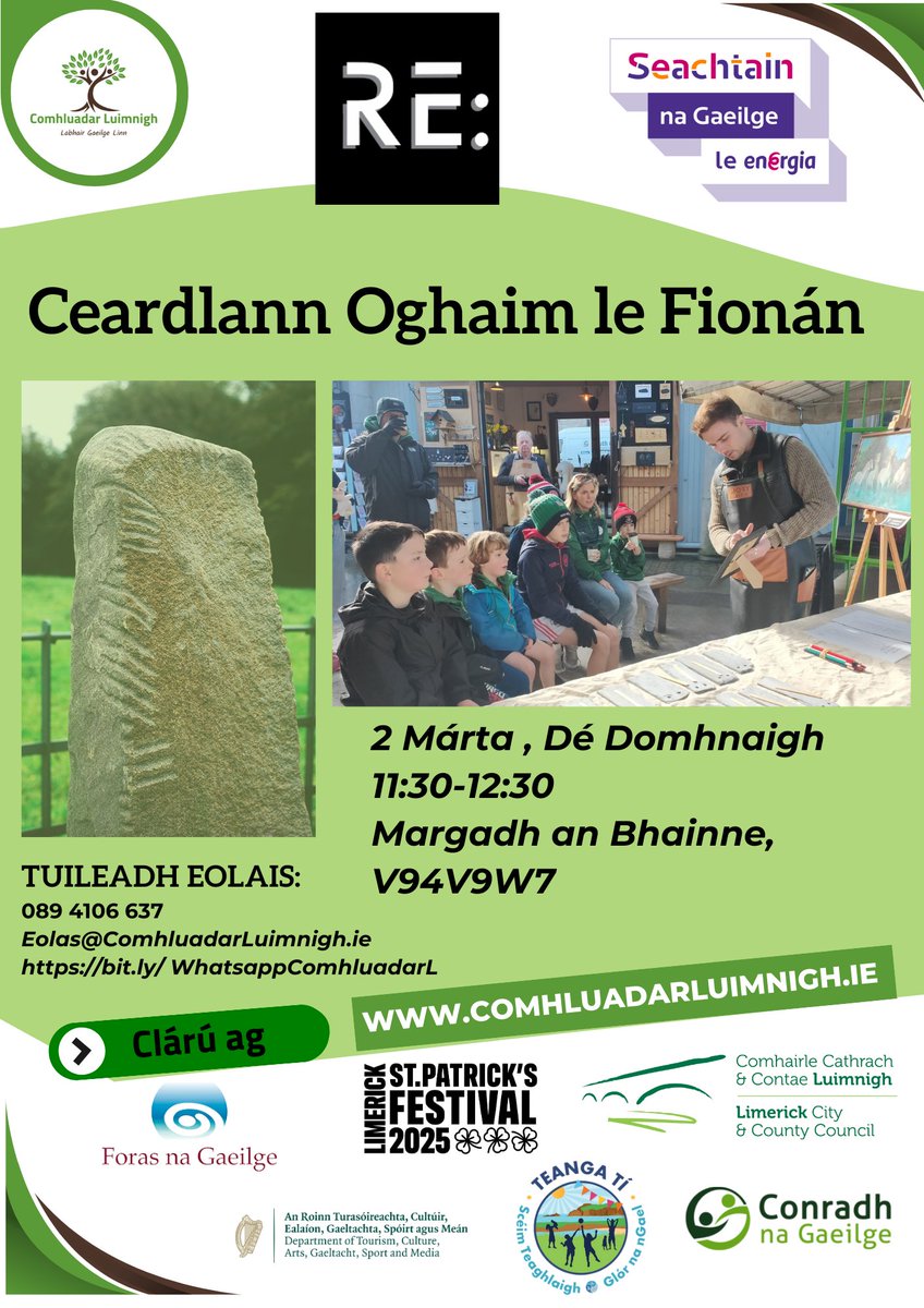 ComhluadarLuimnigh (@comhluadarl) on Twitter photo Bígí linn don Cheardlann Oghaim le Fionán ar an 2 Márta sa Mhargadh. Beidh an deis agaibh bhur nGaeilge a chleachtadh, d'ogham féin a dhearadh agus píosa staire a fhoghlaim🥳Tapaigh an deis chun sult a bhaint as #snag25!
Urraithe ag-
<a href="/LimerickCouncil/">Limerick Council - Comhairle Luimnigh</a> Bígí linn don Cheardlann Oghaim le Fionán ar an 2 Márta sa Mhargadh. Beidh an deis agaibh bhur nGaeilge a chleachtadh, d'ogham féin a dhearadh agus píosa staire a fhoghlaim🥳Tapaigh an deis chun sult a bhaint as #snag25!
Urraithe ag-
<a href="/LimerickCouncil/">Limerick Council - Comhairle Luimnigh</a>