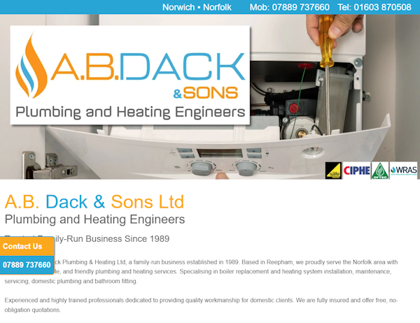 OMD Websites launches #responsive #website for #Norwich #Norfolk business AB Dack Plumbing &amp; Heating: Based in Reepham, they proudly serve the Norfolk area with professional, reliable, and friendly plumbing and heating services. abdack.co.uk