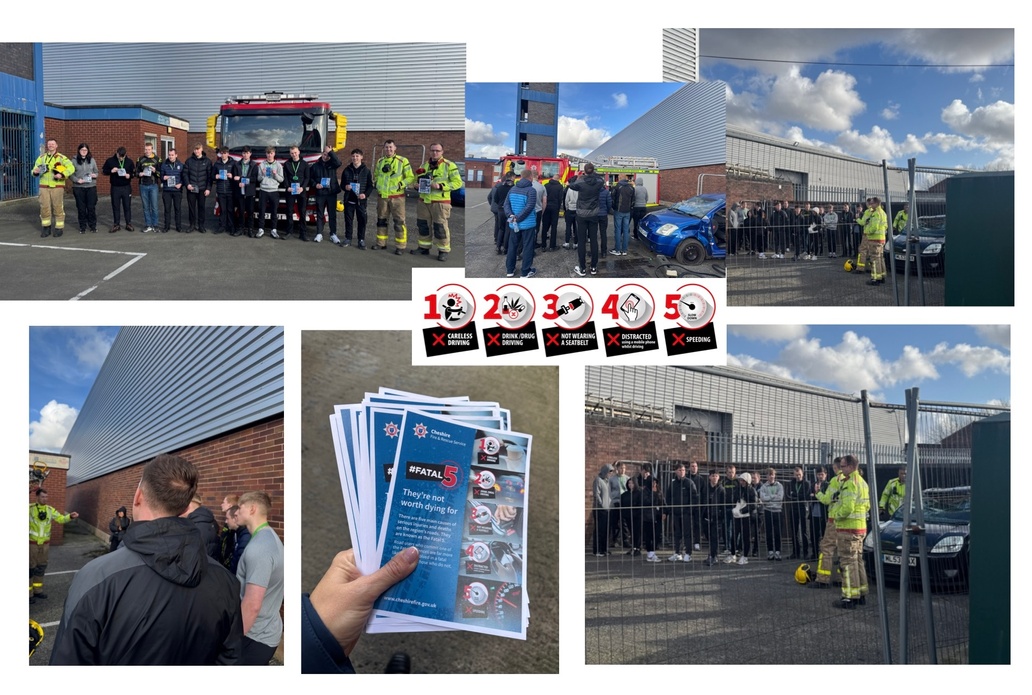Red Watch were visited by students from Warrington &amp; Vale Royal College yesterday. They completed an RTC demo and discussed the fatal 5 did you know that Distraction makes up almost 50% of all killed or seriously injured on the road. See link for more info orlo.uk/59eCg