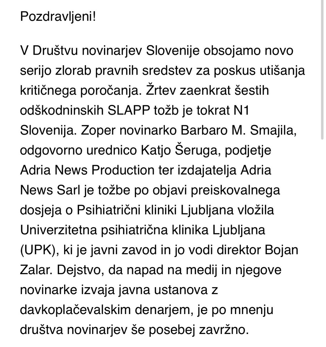 Katja Šeruga (@katjaseruga) on Twitter photo ‼️ Na <a href="/n1slovenija/">N1 Slovenija</a> smo zaradi preiskave o Psihiatrični kliniki tača SLAPP tožb. Prejeli smo jih že 6. Cilj je jasen, čeprav nedosegljiv: ustaviti kritično poročanje. SLAPP tožbe so ena najbolj zavržnih oblik pritiska na medij, v tem primeru pa jih vlaga celo javna ustanova. ‼️ ‼️ Na <a href="/n1slovenija/">N1 Slovenija</a> smo zaradi preiskave o Psihiatrični kliniki tača SLAPP tožb. Prejeli smo jih že 6. Cilj je jasen, čeprav nedosegljiv: ustaviti kritično poročanje. SLAPP tožbe so ena najbolj zavržnih oblik pritiska na medij, v tem primeru pa jih vlaga celo javna ustanova. ‼️