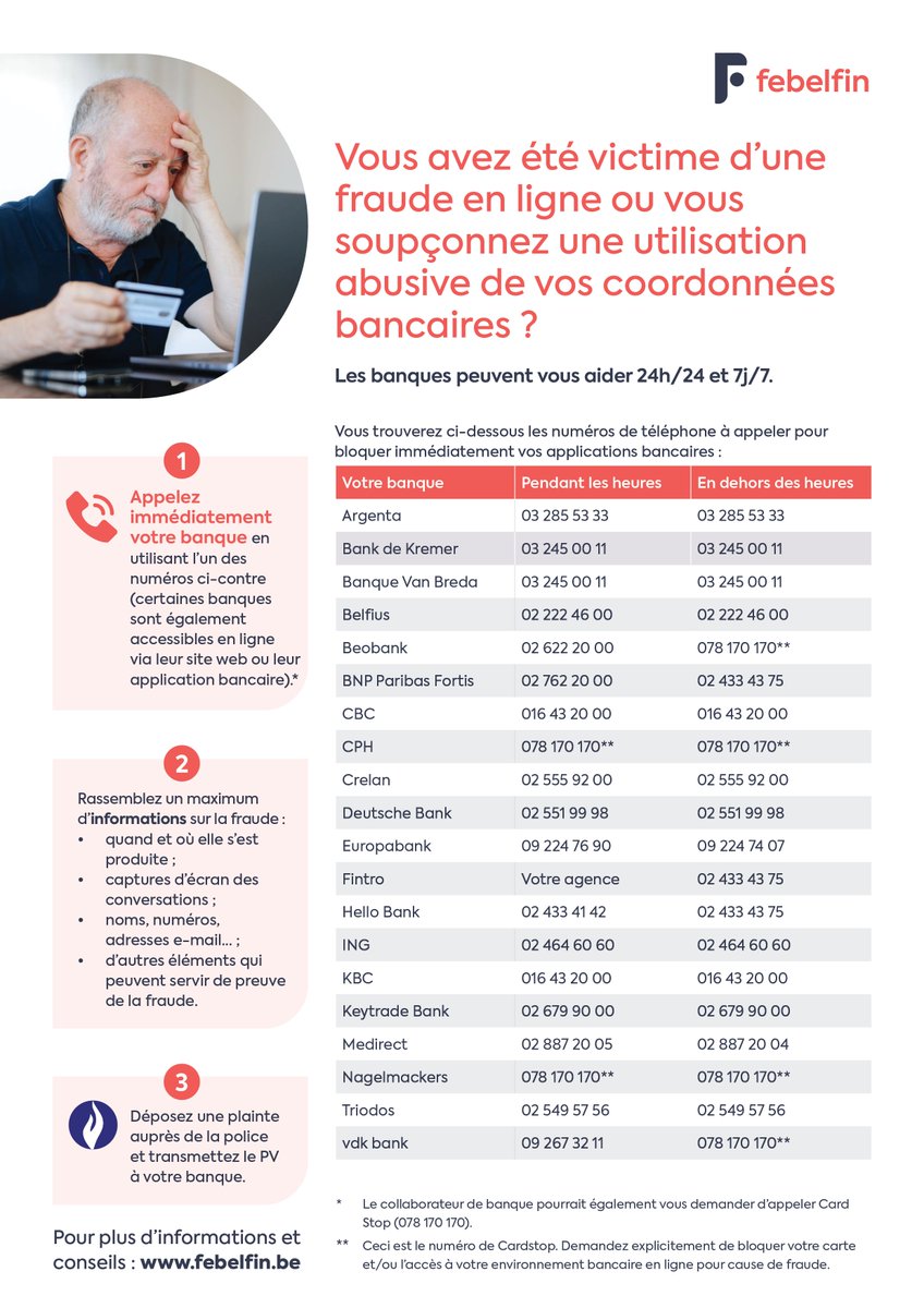 Febelfin (@febelfin) on Twitter photo 🚨 #Arnaqueenligne ? Réagissez vite ! Si vous êtes victime, les banques peuvent vous aider 24h/24, 7j/7 ! Téléchargez notre #flyer avec tous les numéros utiles pour agir sans attendre. 👉 febelfin.be/fr/themes/frau… <a href="/policefederale/">Police Fédérale</a> <a href="/safeonweb_be/">Safeonweb.be</a> <a href="/SPFEconomie/">SPF Economie</a> 🚨 #Arnaqueenligne ? Réagissez vite ! Si vous êtes victime, les banques peuvent vous aider 24h/24, 7j/7 ! Téléchargez notre #flyer avec tous les numéros utiles pour agir sans attendre. 👉 febelfin.be/fr/themes/frau… <a href="/policefederale/">Police Fédérale</a> <a href="/safeonweb_be/">Safeonweb.be</a> <a href="/SPFEconomie/">SPF Economie</a>