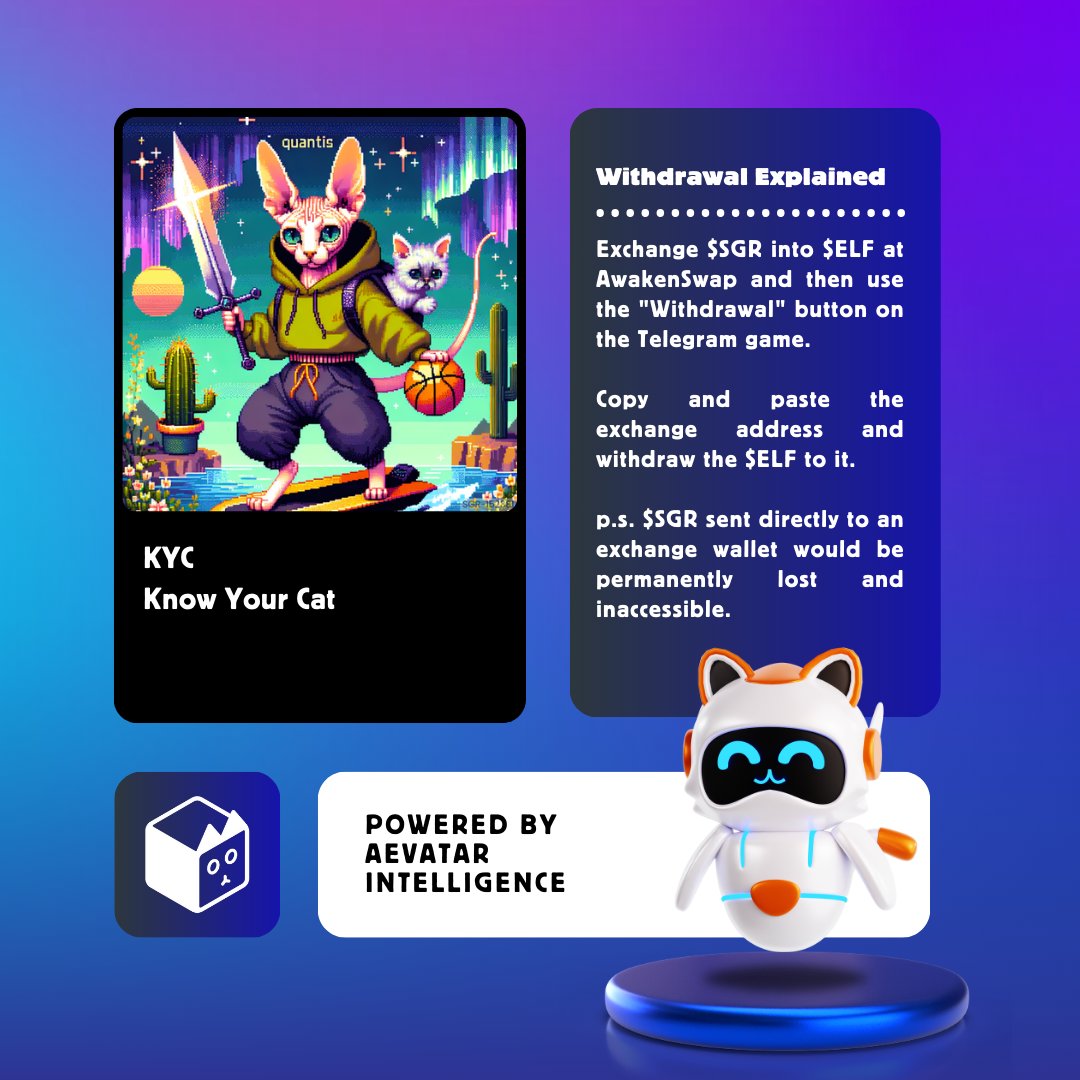 Project Schrödinger (@projschrodinger) on Twitter photo 😼 KYC - Know Your Cat | Withdrawal Explained!
🔥 Exchange $SGR for $ELF at <a href="/AwakenSwap/">AwakenSwap</a>, then use the "Withdrawal" button on the Telegram game.
🔁 Make sure to copy the exchange address correctly and withdraw $ELF for the instant cash-out.
💰 Remember, sending $SGR directly 😼 KYC - Know Your Cat | Withdrawal Explained!
🔥 Exchange $SGR for $ELF at <a href="/AwakenSwap/">AwakenSwap</a>, then use the "Withdrawal" button on the Telegram game.
🔁 Make sure to copy the exchange address correctly and withdraw $ELF for the instant cash-out.
💰 Remember, sending $SGR directly