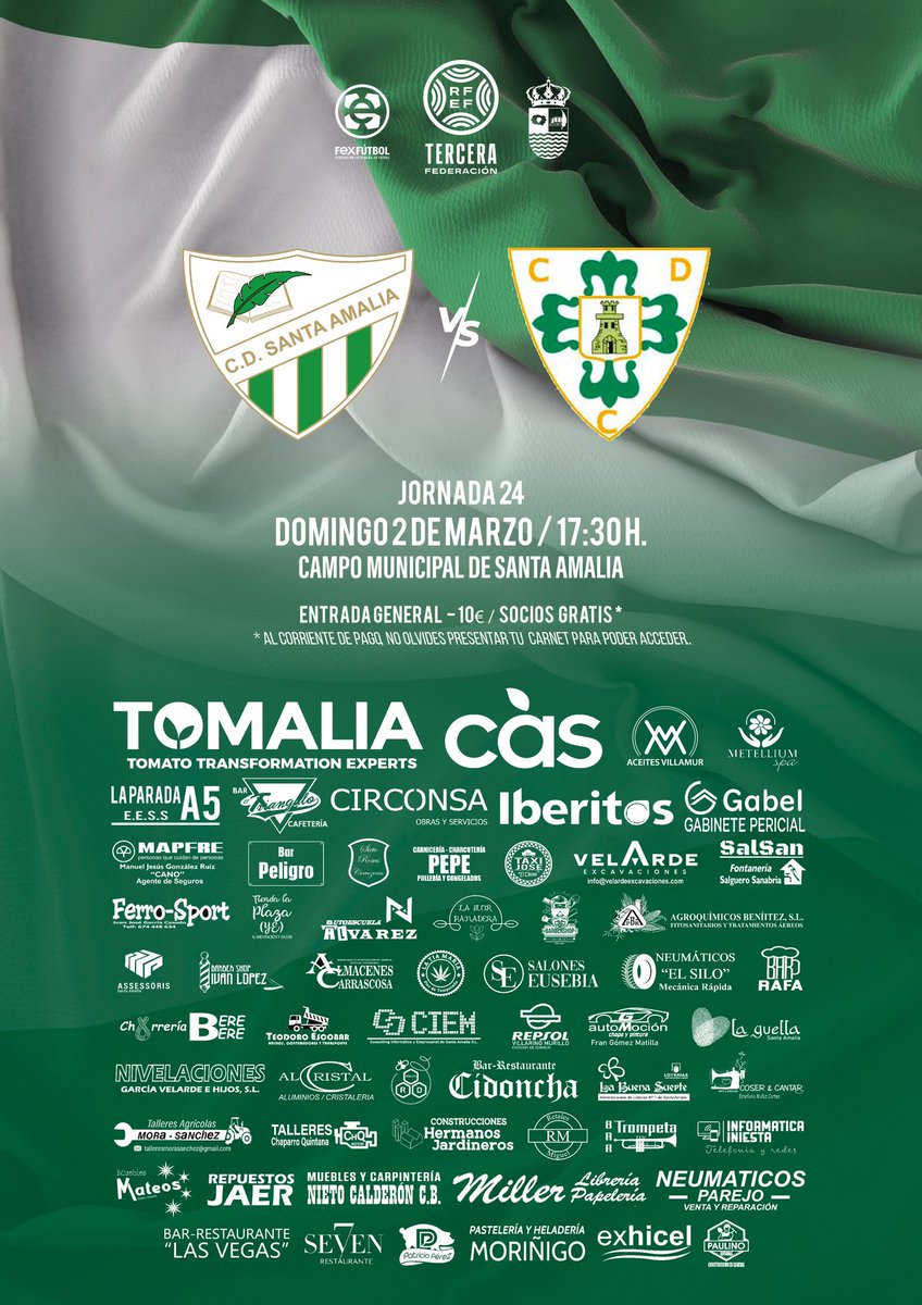 CDSantaAmalia's tweet photo. 🔜🟢 Próximo Partido

Volvemos al Municipal, os necesitamos a todos. 

⚽️ Jornada 2️⃣4️⃣
🗓️ Domingo 02/03
⏱️ 17:30
🆚@CastueraCd 
🏟️ Municipal de Santa Amalia 

🫵🏽¡Únete a la pasión verdiblanca! 🟢⚪️

💪🏽¡Vamos Verdes! 💪🏽 https://t.co/jBIpajELKV