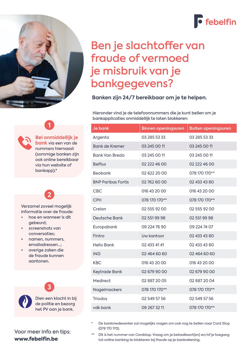 Febelfin (@febelfin) on Twitter photo 🚨 Slachtoffer van #onlinefraude ? Reageer onmiddellijk! Neem contact met uw bank op. Zij helpen u 24/7! Raadpleeg onze #flyer met alle telefoonnummers en reageer meteen 👉 febelfin.be/nl/themas/frau… <a href="/federalepolitie/">Federale Politie</a> <a href="/safeonweb_be/">Safeonweb.be</a> <a href="/FODEconomie/">FOD Economie</a> 🚨 Slachtoffer van #onlinefraude ? Reageer onmiddellijk! Neem contact met uw bank op. Zij helpen u 24/7! Raadpleeg onze #flyer met alle telefoonnummers en reageer meteen 👉 febelfin.be/nl/themas/frau… <a href="/federalepolitie/">Federale Politie</a> <a href="/safeonweb_be/">Safeonweb.be</a> <a href="/FODEconomie/">FOD Economie</a>