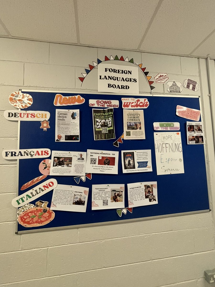 Pres_Terenure's tweet photo. Check out our fabulous new Foreign Languages notice board outside rm 13! Thanks to our brilliant Foreign Language Assistants Chloé, Nele and Arianna for their work on this @CityofDublinETB 
#MFL #French #German #Italian https://t.co/UP3FuoSPxm