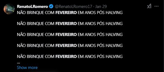Obrigado pela call <a href="/RenatoLRomero17/">RenatoLRomero</a>. Ainda bem que não entrei no mercado cripto em fev.
