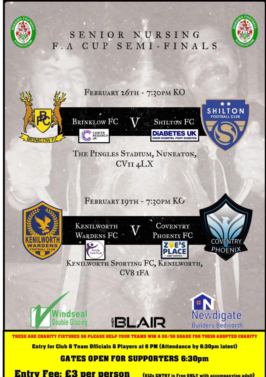 The winner of tonight’s tie will face Kenilworth Wardens in the final. 
Money raised tonight will be going to the charities stated below. Come and show your support 💛💙