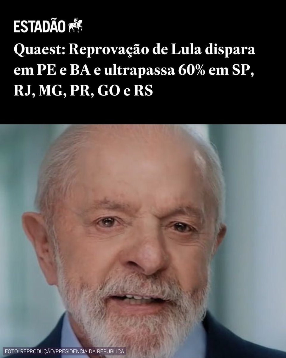 Estadao's tweet photo. PESQUISA QUAEST

Reprovação de Lula dispara em PE e BA e ultrapassa 60% em SP, RJ, MG, PR, GO e RS > https://t.co/JbJCE5rmTN https://t.co/APpKmExwDO