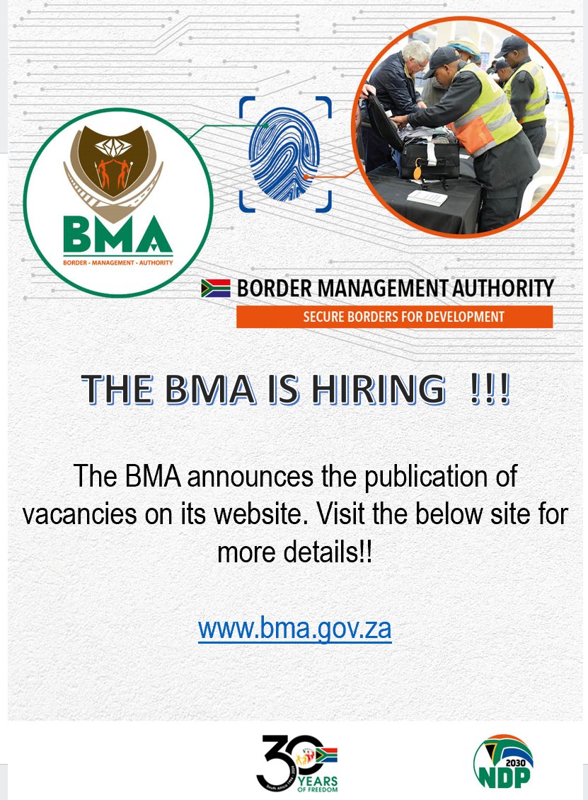 The Border Management Authority SA (@thebma_sa) on Twitter photo There are more vacancies on the <a href="/TheBMA_SA/">The Border Management Authority SA</a> website. To apply, please go to bma.gov.za There are more vacancies on the <a href="/TheBMA_SA/">The Border Management Authority SA</a> website. To apply, please go to bma.gov.za
