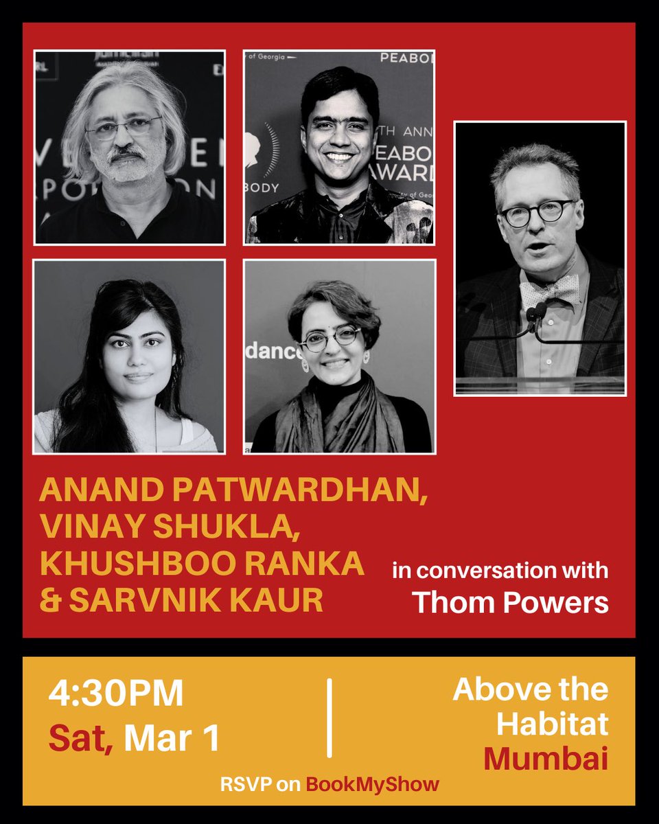 While We Watched / नमस्कार मैं रवीश कुमार (@whilewewatched) on Twitter photo Mumbai! Legendary Anand Patwardhan joins award-winning filmmakers Vinay Shukla, Khushboo Ranka, and Sarvnik Kaur - leading voices from India’s documentary movement - for a conversation with <a href="/PureNonfiction/">Pure Nonfiction</a>’s Thom Powers. Free Entry. Sat 1st March
🎟️ RSVP: in.bookmyshow.com/events/finding… Mumbai! Legendary Anand Patwardhan joins award-winning filmmakers Vinay Shukla, Khushboo Ranka, and Sarvnik Kaur - leading voices from India’s documentary movement - for a conversation with <a href="/PureNonfiction/">Pure Nonfiction</a>’s Thom Powers. Free Entry. Sat 1st March
🎟️ RSVP: in.bookmyshow.com/events/finding…