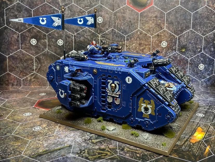 1st Co Land Raider Crusader “Vengeance of Thessala”, piloted by Vet Sgt. Antaro Chronus. 

This bad boy delivers my Terminators into the thick of it &amp; has a WHOLE BUNCH of guns all over it! 

Hmm, I need more Terminators… #MarchForMacragge here I come! 
#WarhammerCommunity