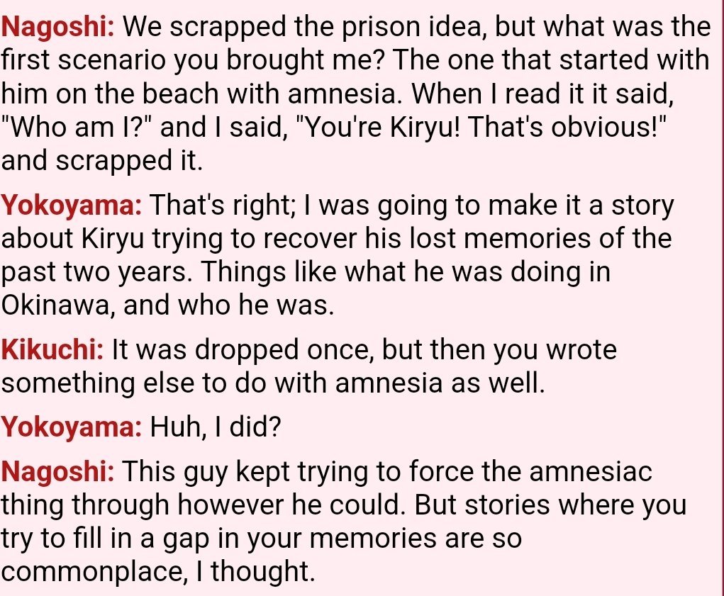 jack840A's tweet photo. A Yakuza 3 fact: Yokoyama (RGG main writer/head honcho) originally wanted the story to be about Kiryu having amnesia, and have to recover his lost memories of the past two year, but Nagoshi declined it. Safe to say he finally get to do that plot with Majima. https://t.co/047wvb6DZL