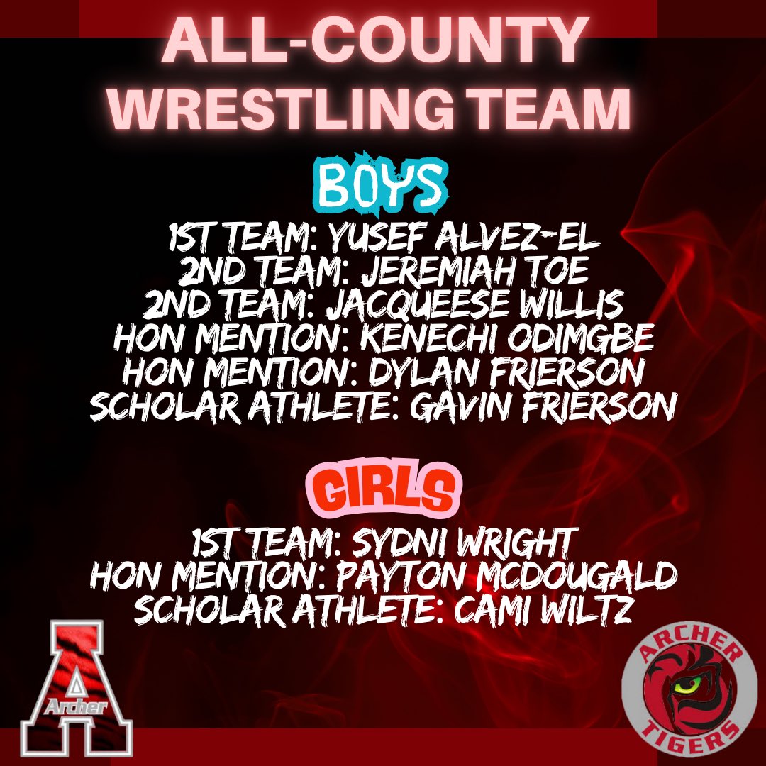 Archer Wrestling (@archerwrestling) on Twitter photo Congrats to our <a href="/ArcherWrestling/">Archer Wrestling</a> All-County selections!
<a href="/AHSTigersSports/">ArcherAD</a> <a href="/AthleticsArcher/">ArcherTigersAthletics</a> <a href="/ArcherHSTigers/">Archer High School</a> <a href="/Archer_Sports/">Archer Athletics</a>
<a href="/keith_jannett/">Keith Jannett</a>
<a href="/BrianWolfe75/">Brian Wolfe</a> Congrats to our <a href="/ArcherWrestling/">Archer Wrestling</a> All-County selections!
<a href="/AHSTigersSports/">ArcherAD</a> <a href="/AthleticsArcher/">ArcherTigersAthletics</a> <a href="/ArcherHSTigers/">Archer High School</a> <a href="/Archer_Sports/">Archer Athletics</a>
<a href="/keith_jannett/">Keith Jannett</a>
<a href="/BrianWolfe75/">Brian Wolfe</a>