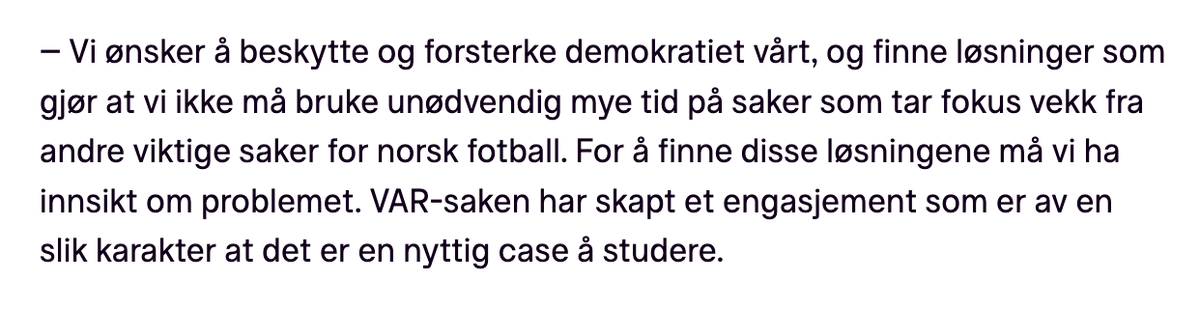 Jeg tror nå kanskje det beste for å beskytte og forsterke demokratiet vårt ville vært om <a href="/nff_info/">NorgesFotballforbund</a> og kretsene respekterte årsmøtevedtak og et solid flertall blant toppklubbene og ikke beskyldte medlemmene for kupp jeg da, men det er sikkert bare ekkokammeret som snakker