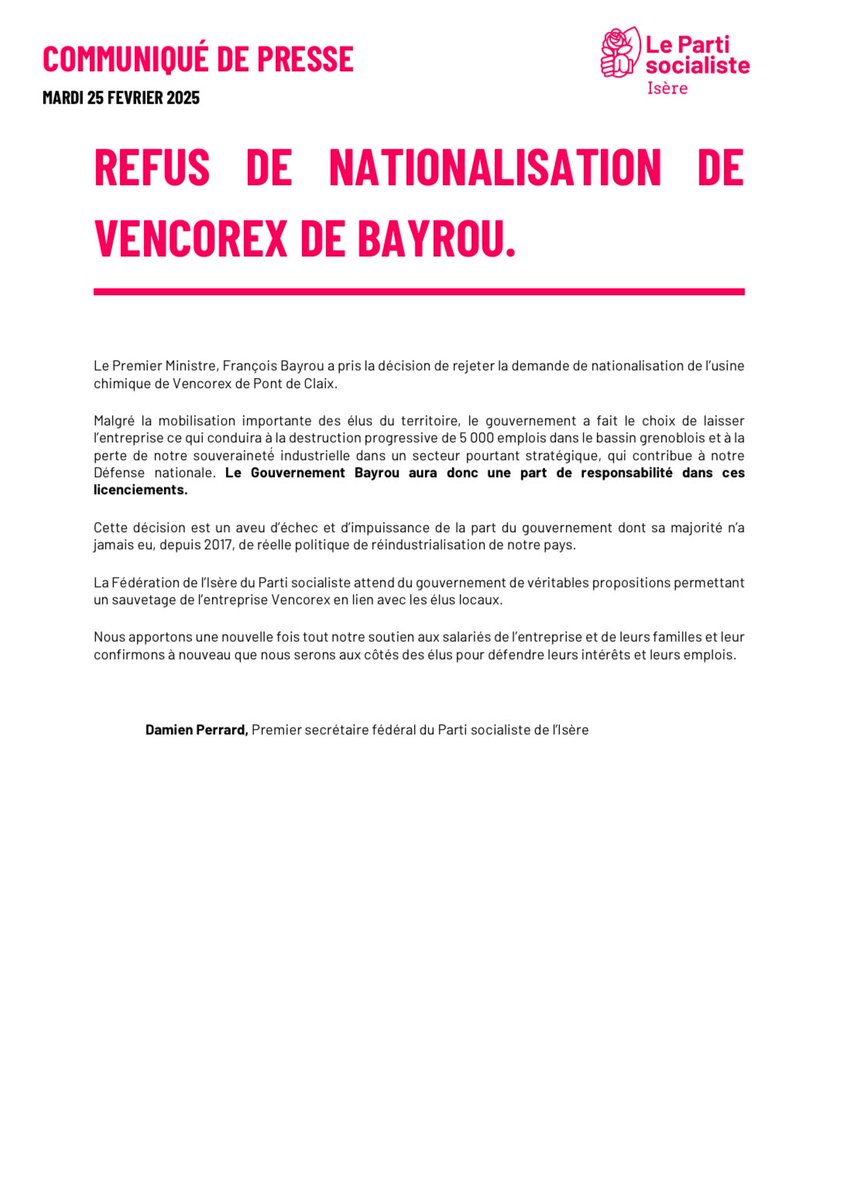 🔴 Le Gouvernement Bayrou aura donc une part de responsabilité dans ces licenciements.

Cette décision est un aveu d'échec et d'impuissance de la part du gouvernement dont sa majorité n'a jamais eu, depuis 2017, de réelle politique de réindustrialisation de notre pays.