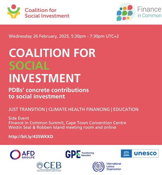 COEbanknews's tweet photo. Join us @FinanceInCommon for an important conversation on #SocialInvestment and what PDBs can do to📉inequalities and foster more resilient societies. 

🎙️@AFD_France @ilo @UNESCO &amp; #CEB 
🗓️26 Feb, 5.30 pm UTC+2
➡️https://t.co/g9PQ7IqJIC 

#FICS2025 #Coalition4SocialInvestment https://t.co/mL4brXAdED