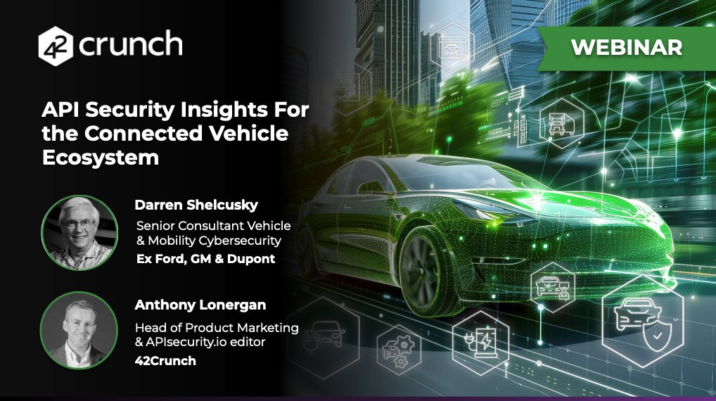 If you missed our webinar on API security for the Connected Vehicle Ecosystem with Darren Shelcusky, who lead the cybersecurity program for the connected car for Ford Motor Company, then check out the recording on-demand: 42crunch.com/api-security-i…

#apisecurity #automotive