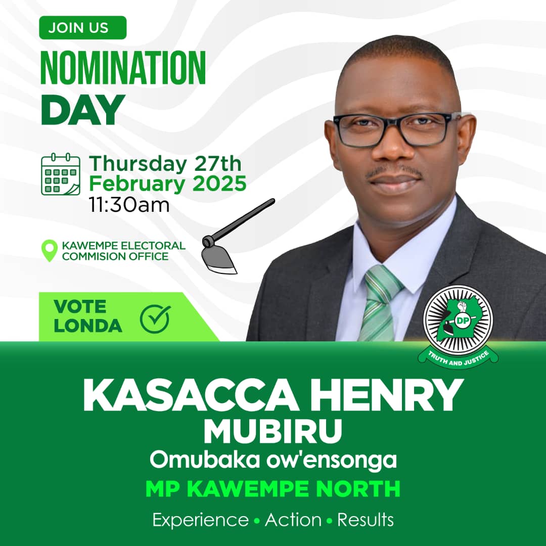 All is set for the DP candidate Henry Kasacca's nomination on Thursday 27th Feb, 2025.
Vote Kasacca..
Vote the Hoe..
#kasacca4kawempe