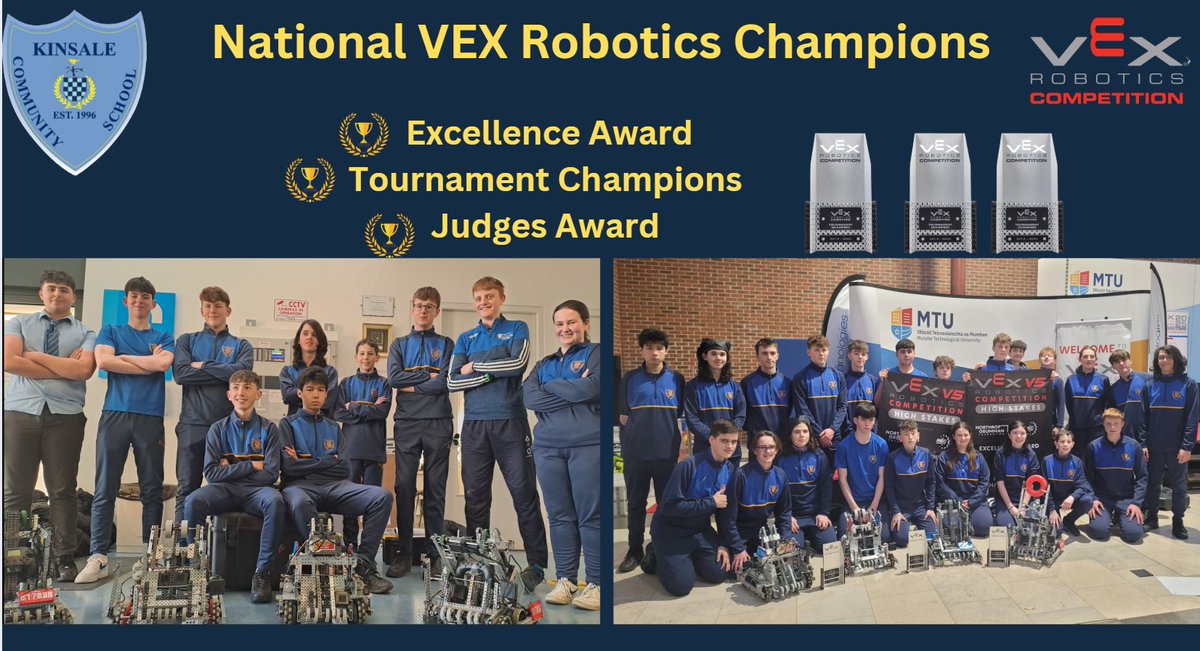🚀 Kinsale TYs Triumph at National VEX Competition achieving an incredible triple victory, winning Excellence, Tournament Champions &amp; Judges Awards, securing their place at the VEX Robotics World Championship! 🌍kinsalecommunityschool.ie/news/2025/2/26…
#VEX #STEM #Kinsale #FutureEngineers