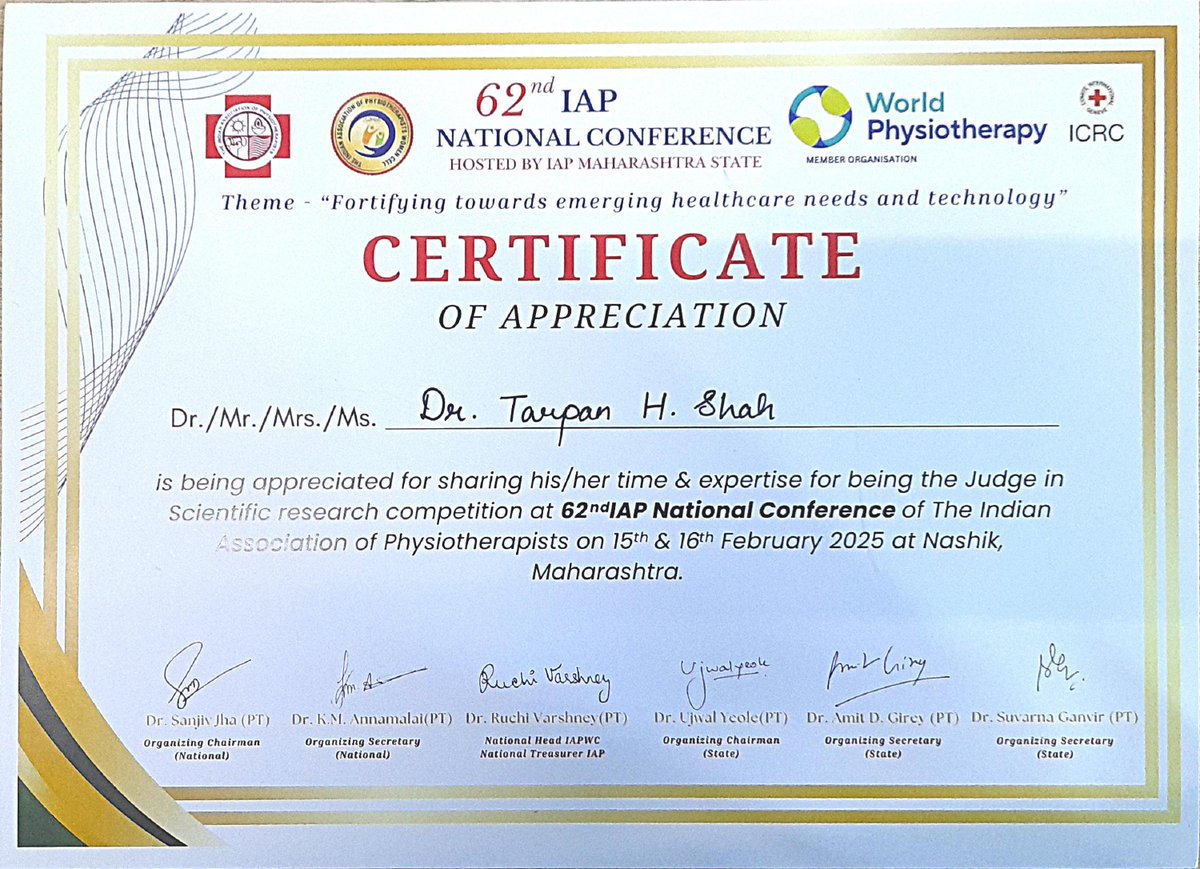 tarpanphysio's tweet image. Honored to judge Ph.D. research presentations at the 62nd IAP Conference in Nashik! It was inspiring to witness groundbreaking research and reconnect with my senior, Dr. Sneha. A memorable experience contributing to physiotherapy’s future! #IAPConference #Physiotherapy