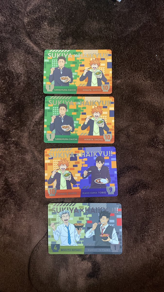 per_d_'s tweet photo. ハイキュー　すき家　第二弾
【譲】
澤村×日向、木兎×黒尾、日向×影山

【求】
月島×黒尾、月島×赤葦

郵送のみです。
どれかひとつの交換でも可能なのでよろしくお願いし���す！ https://t.co/aABNJU6fFL
