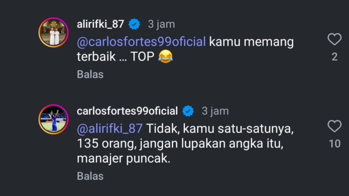 Memanas nih eks Manager Arema FC yg kemarin bikin story tentang William dijawab ama Fortes eks Arema FC!! Dan Fortes nyentil 135 sambil menyebut "manager puncak"