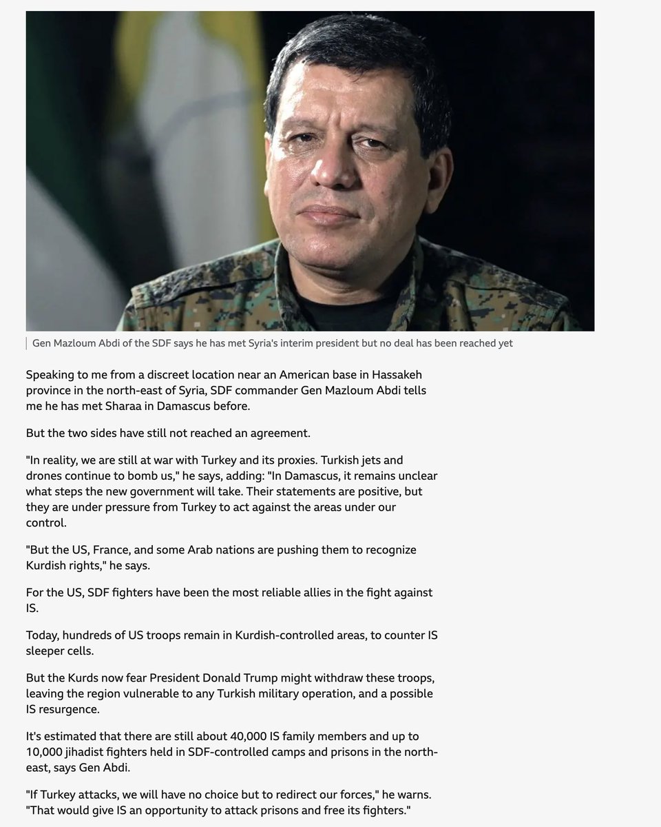 jiyargol's tweet image. Gen Abdi, SDF commander &quot;If Turkey attacks, we will have no choice but to redirect our forces,&quot; he warns. &quot;That would give IS an opportunity to attack prisons and free its fighters.&quot;