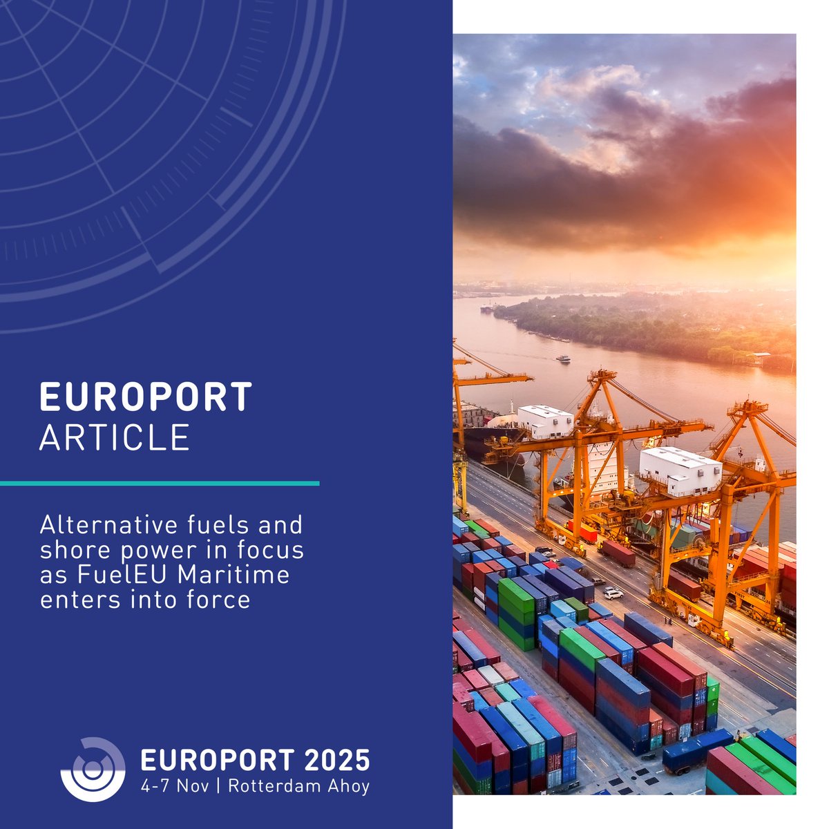Check out our latest article which outlines how FuelEU Maritime will ultimately rely on the adoption of alternative fuels &amp; shore powers critical role in the meantime

Read the full article here: europort.nl/news-and-media…

#europort #europort2025 #energytransition #alternativefules