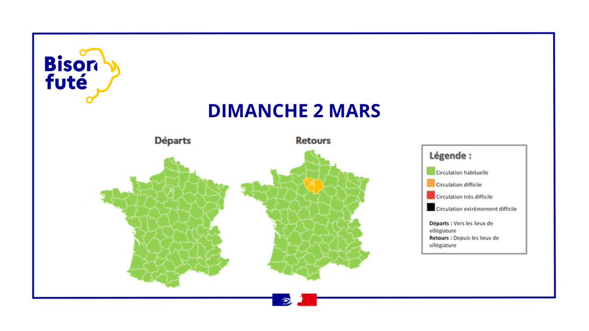 ℹ️#InfoTrafic #vacances #hiver : prévisions pour ce #weekend
Sens #départs :
🟧Difficile en Auvergne-Rhône-Alpes (AuRA) le 28/02
🟥Très difficile en AuRA le 01/03
Sens #retours :
🟧Difficile en IdF et AuRA les 28/02, 01/03 et 02/03
Détails➡️t.ly/23k-x🛣️🚗