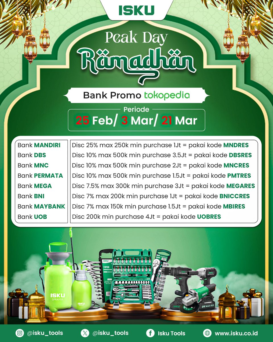 isku_tools's tweet image. ✨ Promo Spesial Ramadhan! Diskon Hingga 500RB! ✨

Beli perkakas ISKU makin hemat pakai promo bank pilihanmu! 🛠️💰

🛒 Buruan belanja perkakas favoritmu hanya di Tokopedia Official Store ISKU!

#promobank #promoramadhan #ramadhansale #diskonramadhan  #tokopedia  #isku_tools #fyp