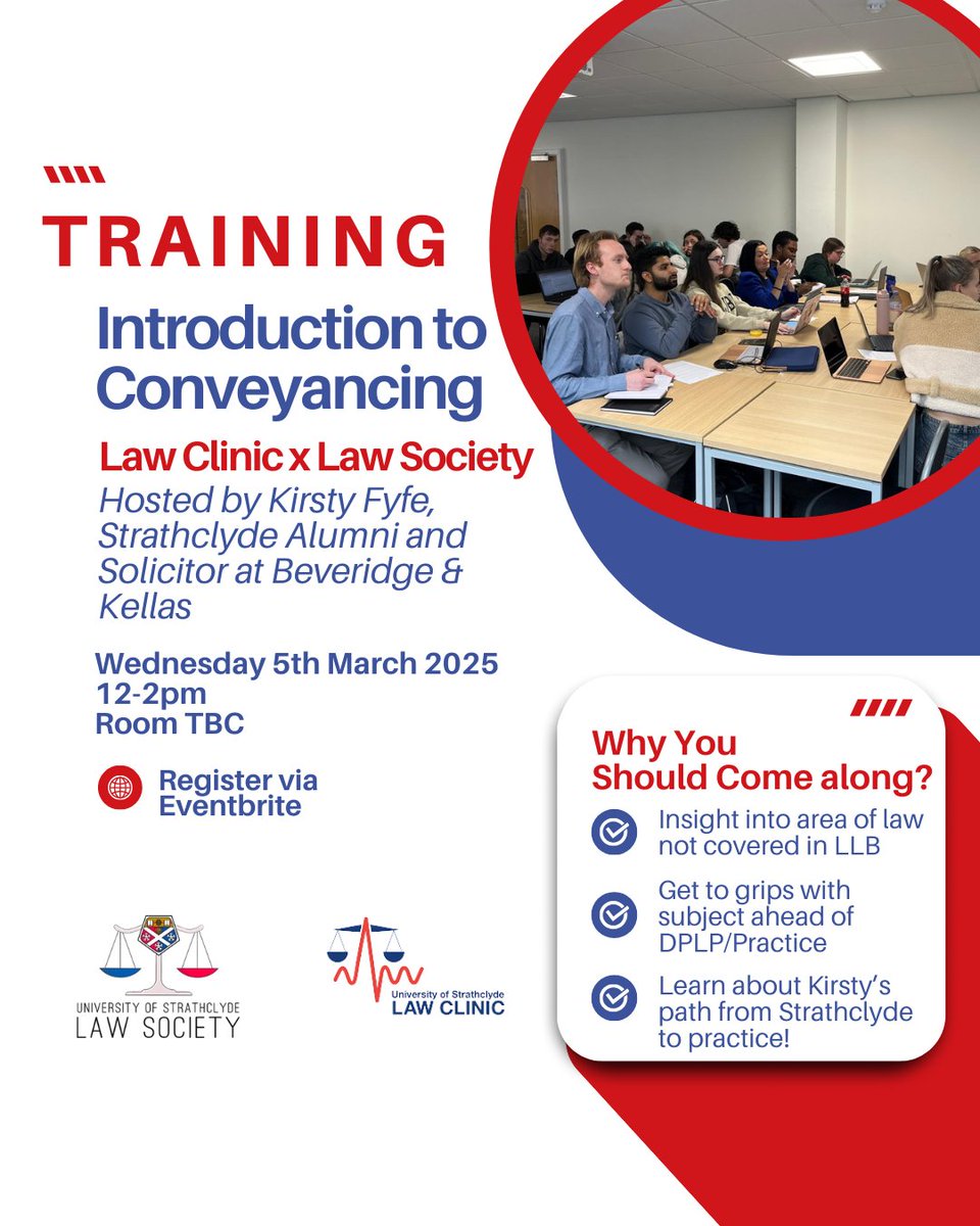 University of Strathclyde Law Clinic (@strathlawclinic) on Twitter photo Join us for a special training session, in collaboration <a href="/_StrathLawSoc_/">Strathclyde Law Society</a> 🤝
If you are interested in attending, please sign up via eventbrite, where the location will be shared once confirmed.
Link below:
eventbrite.com/e/125818878953…
*Student Only Join us for a special training session, in collaboration <a href="/_StrathLawSoc_/">Strathclyde Law Society</a> 🤝
If you are interested in attending, please sign up via eventbrite, where the location will be shared once confirmed.
Link below:
eventbrite.com/e/125818878953…
*Student Only