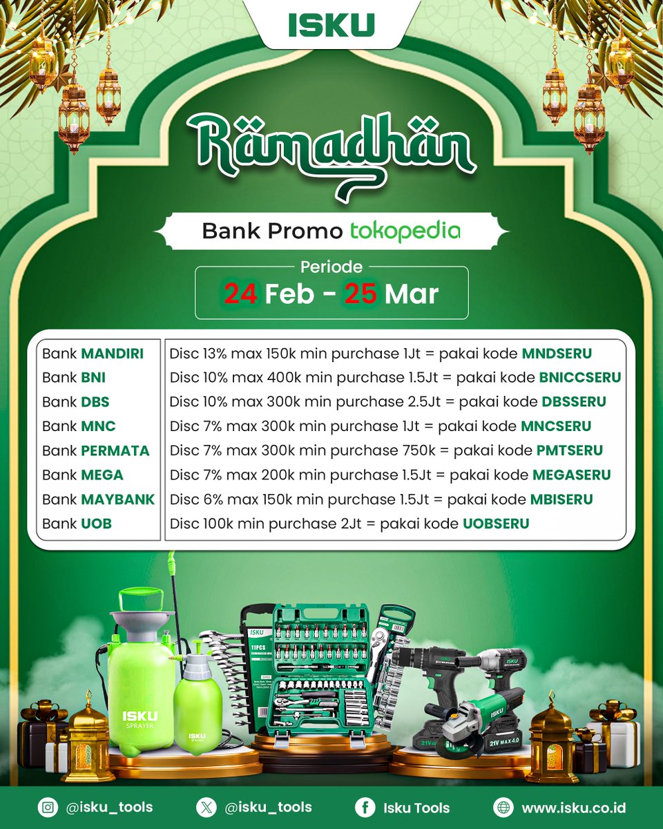 isku_tools's tweet image. 💥 RAMADHAN SERU! DISKON BANK PARTNERS DI TOKOPEDIA 💥

Belanja perkakas ISKU makin hemat selama Ramadhan! 🛠️✨ Pakai promo bank pilihanmu dan nikmati diskon spesial!
🛒 Belanja hemat di Tokopedia Official Store ISKU!

#isku_tools #promobank #promotokopedia #tokopedia #fypシ