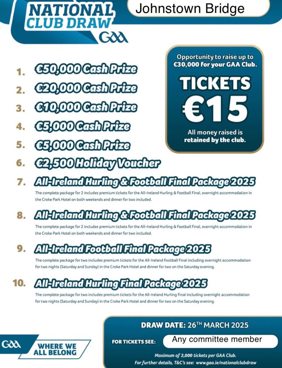 Johnstown Bridge GAA is taking part in the 2025 GAA National Club Draw.
100% of ticket sales go directly to JTB GAA!🟩⬜️🟦
You can purchase tickets through your Foireann account.
foireann.ie/draws/enter-dr…
b50b-4759-8a53-f8b6867da7c1?
orgld=83e8ef51-8174-e1eb-6be4-a0778d051599