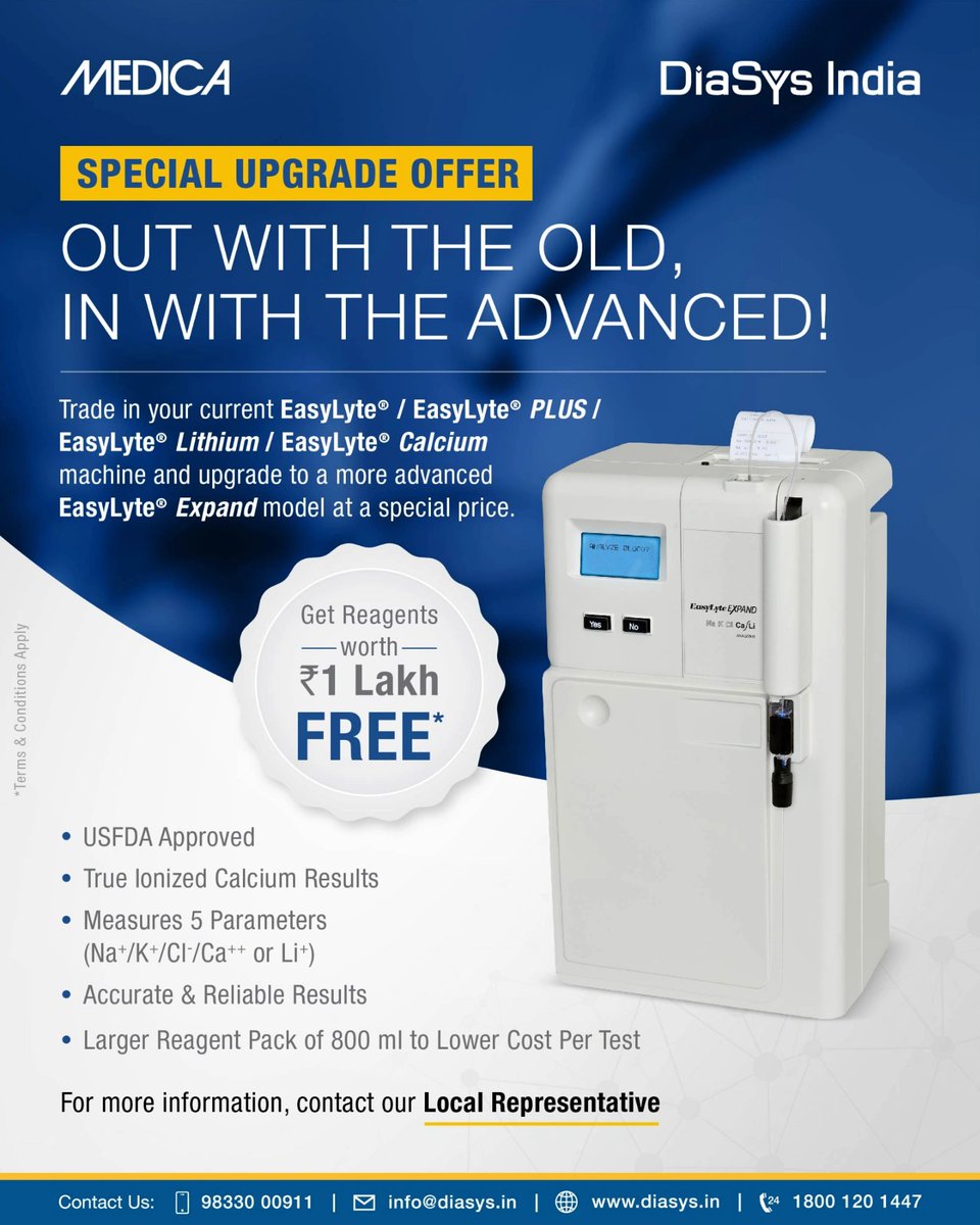 DiasysI's tweet image. Upgrade any of your current EasyLyte models to a more advanced EasyLyte Expand model for a special rate.

For more information, visit diasys.in or contact us:
📞 💬 Call/WhatsApp: 9833000911
✉ Email: info@diasys.in
.
.
#DiaSysIndia #UpgradeOffer